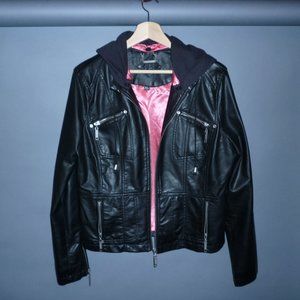 JouJou faux leather moto jacket detachable hood XL